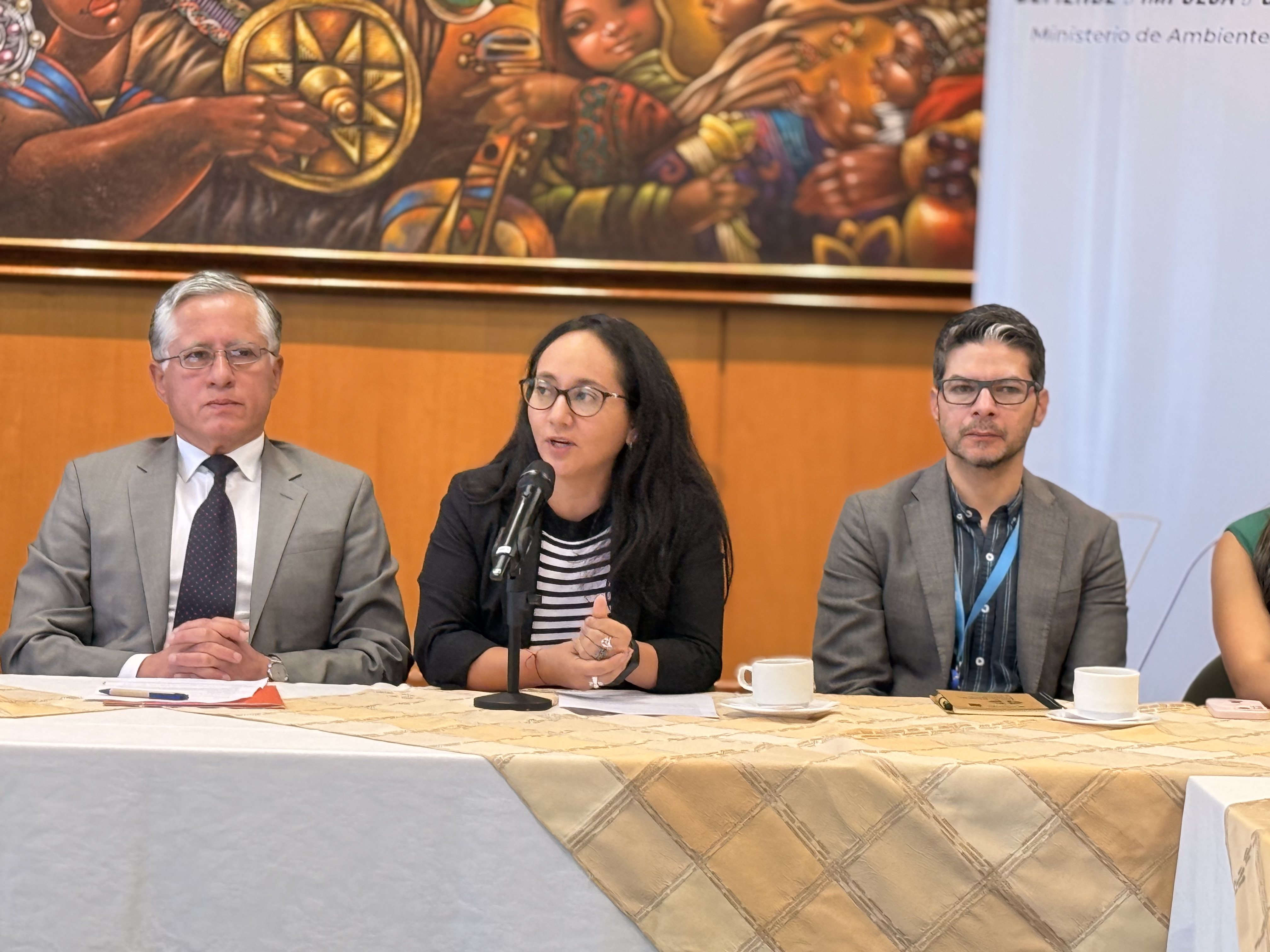 Three panelists at a conference table with papers and microphones, colorful mural behind.