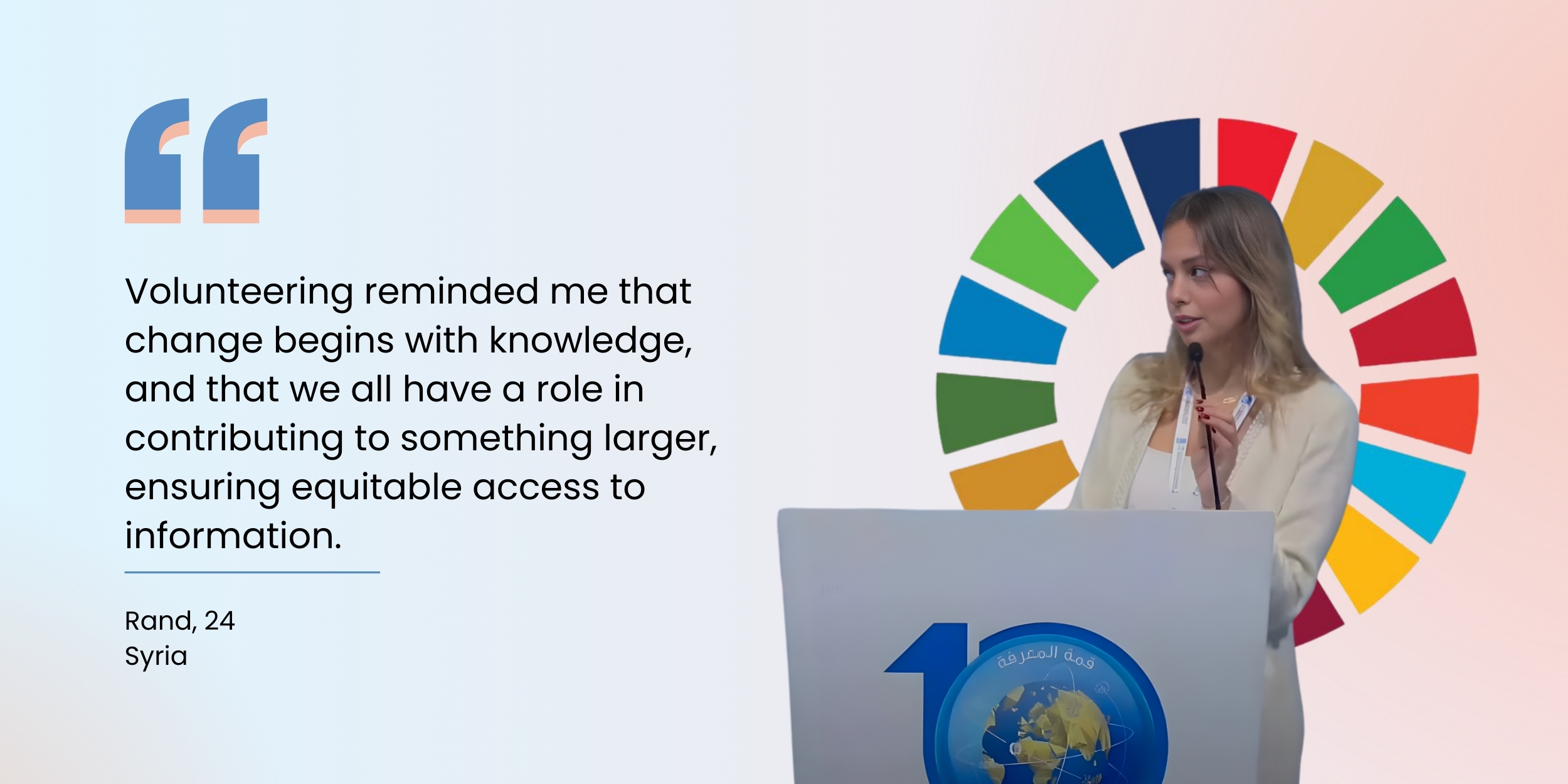 Graphic: left blue gradient with volunteer quote; right: woman at podium under rainbow circle.