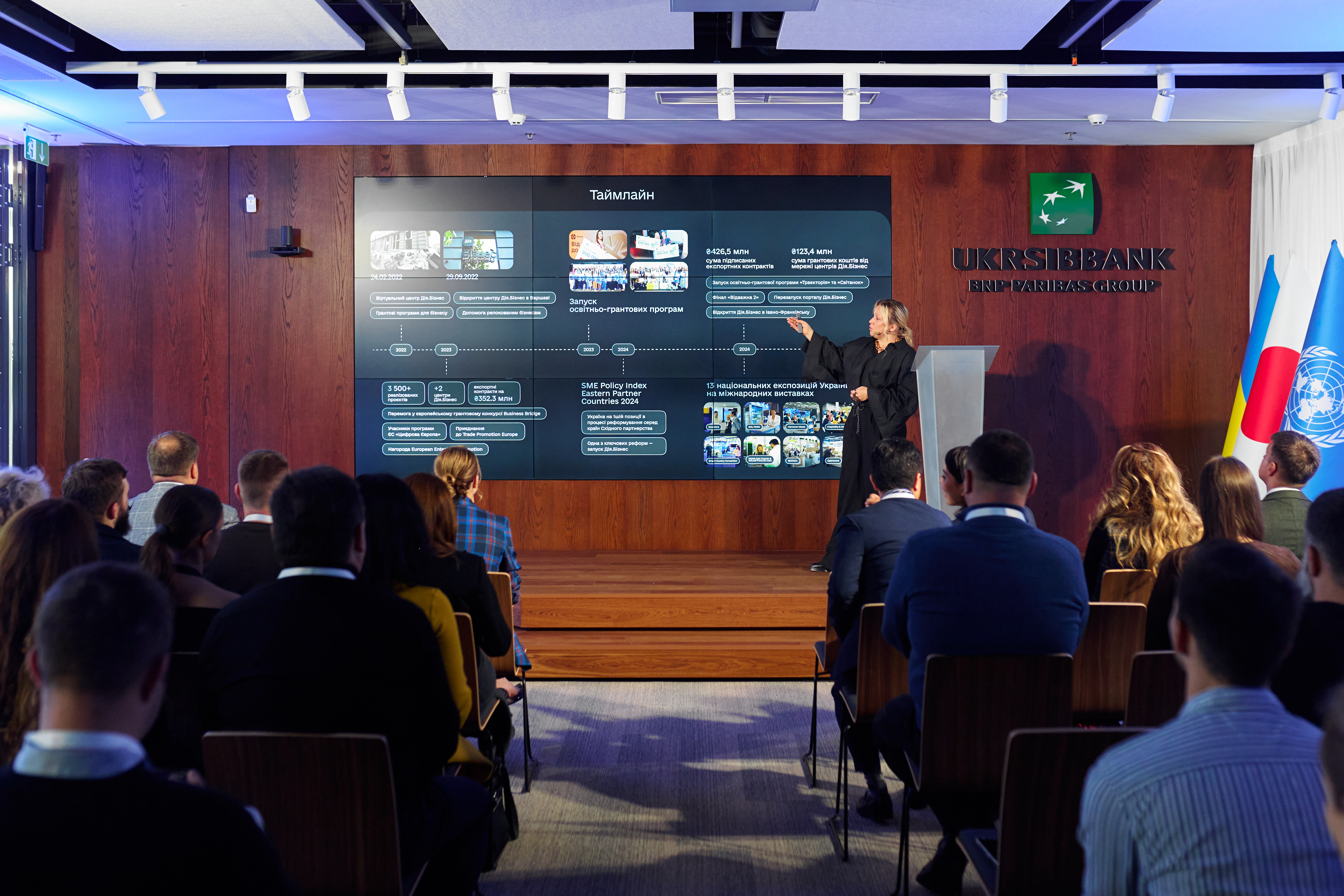 Speaker at podium presenting to an audience in a conference room with a projection screen.