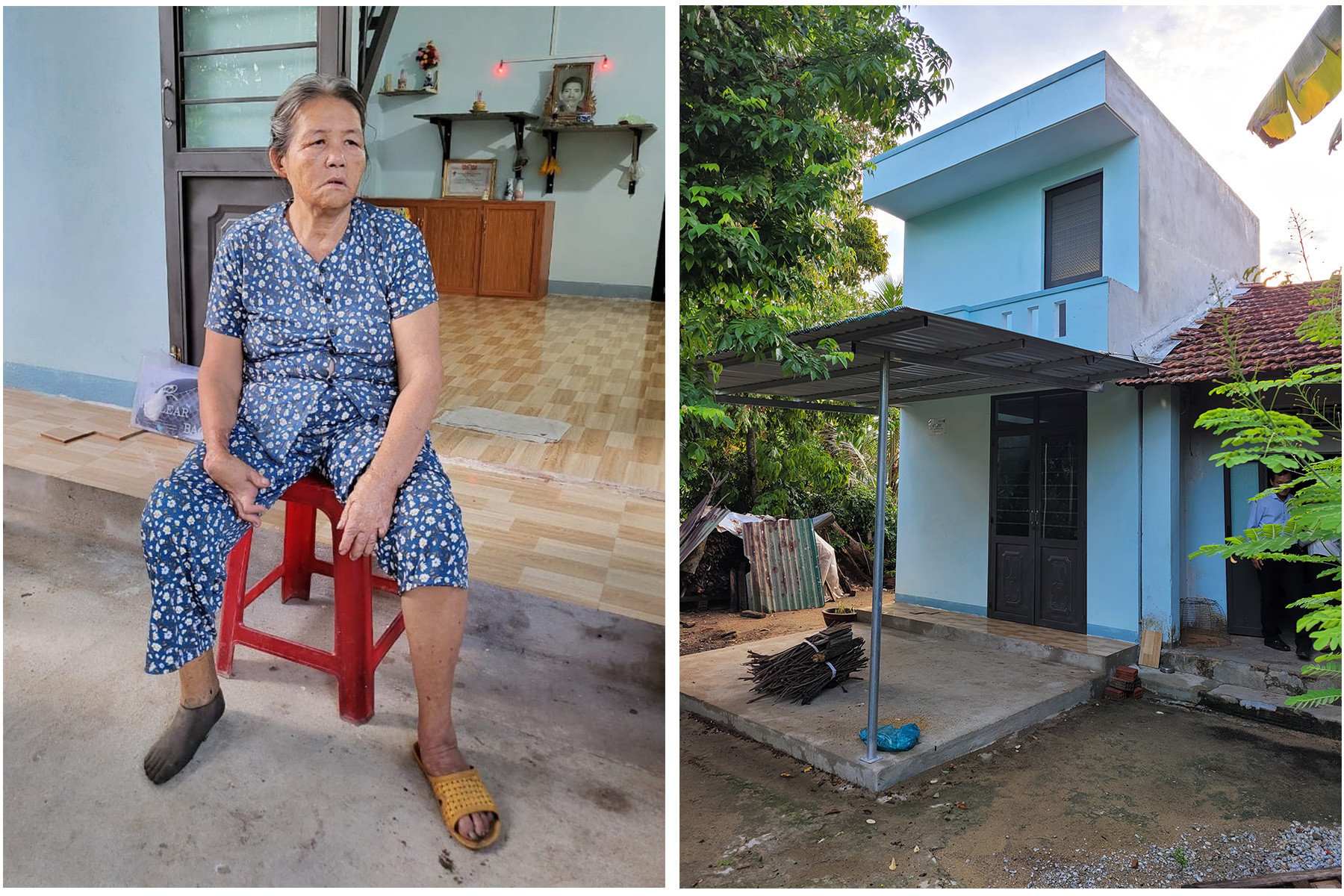Left: woman with injuries in blue patterned dress on red stool on tiled porch; right: blue house with steps. 