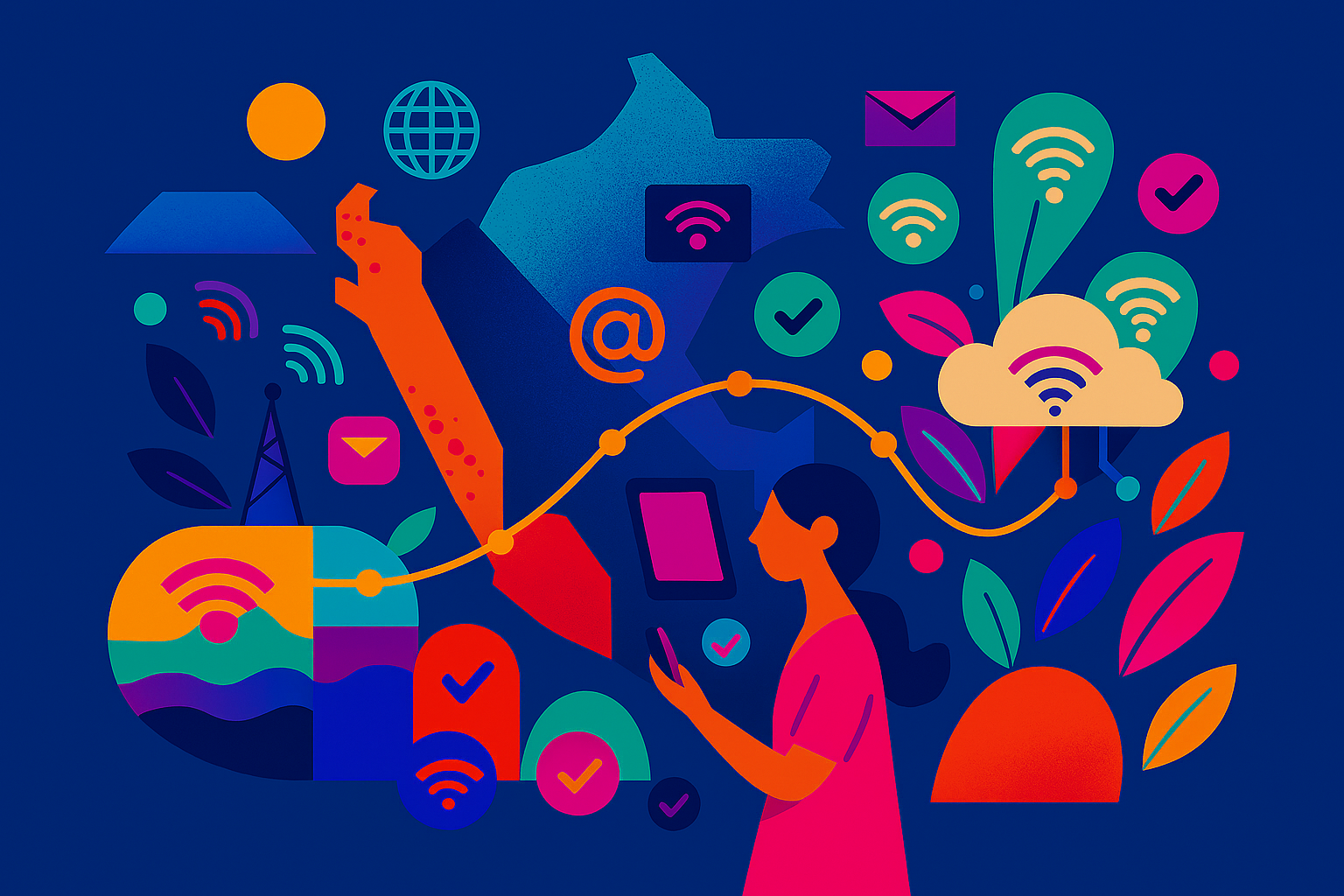 Vibrant abstract illustration of people connecting through social media icons on a blue background.