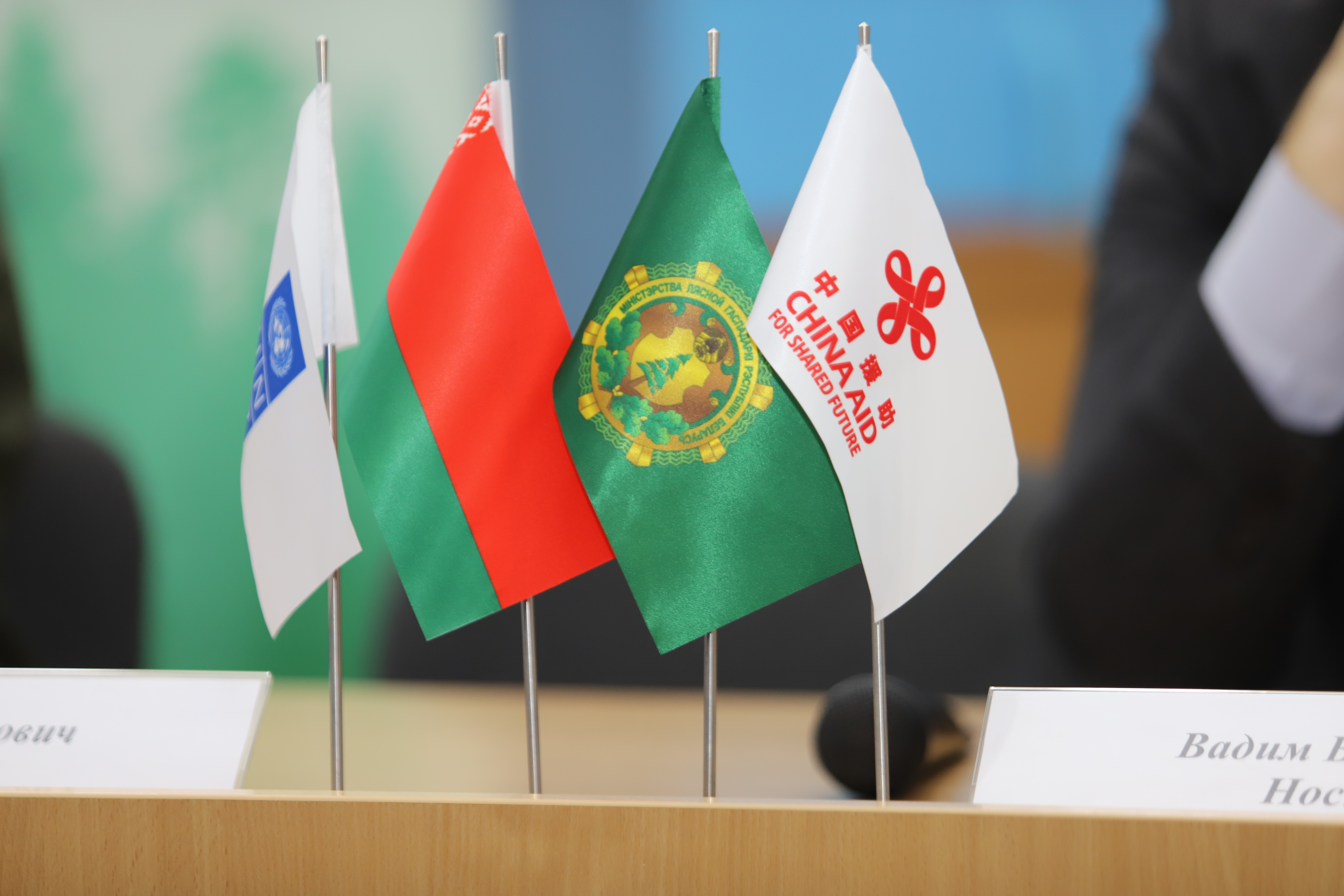 Row of small flags on a conference table, including blue-white, red, and green flag with crest.