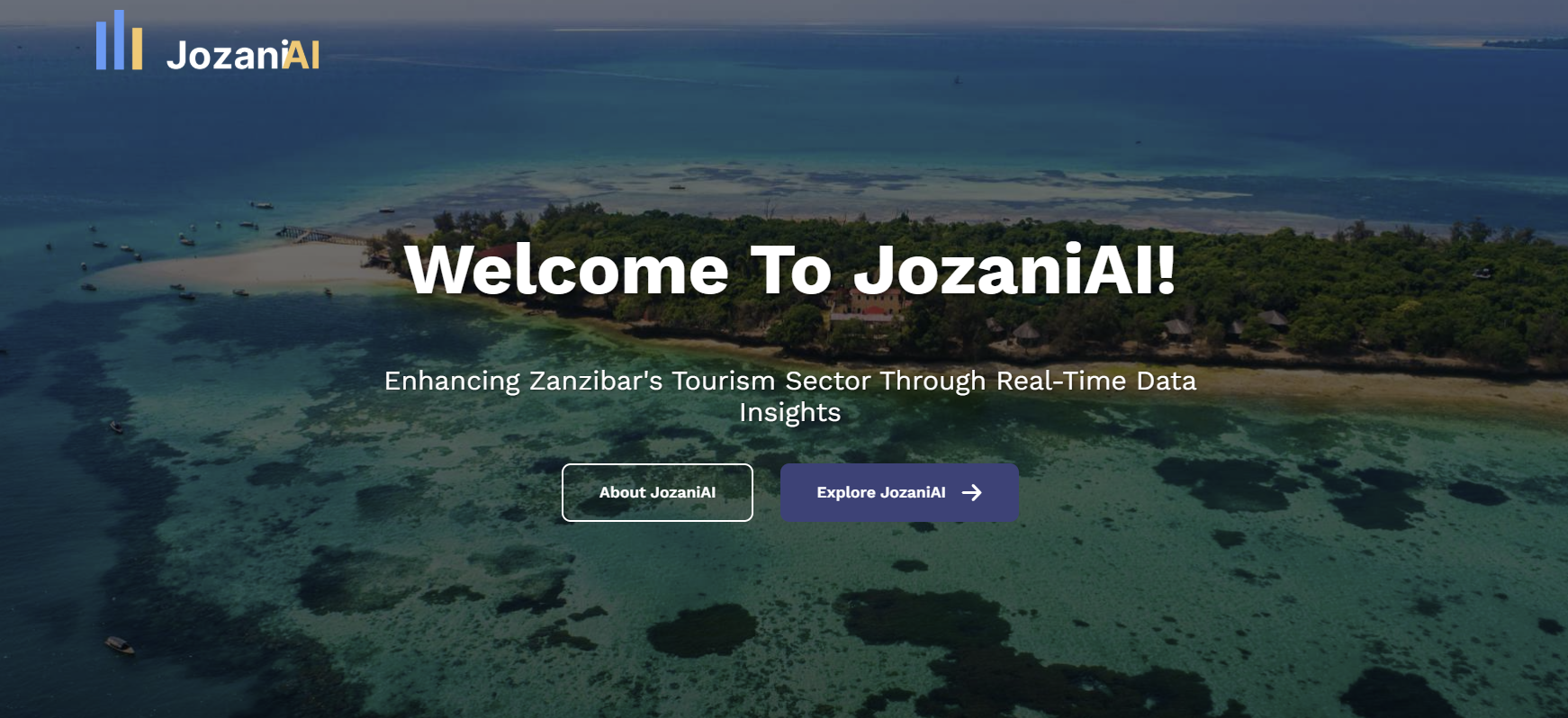 Aerial view of turquoise water surrounding a lush tropical island with a welcome banner.