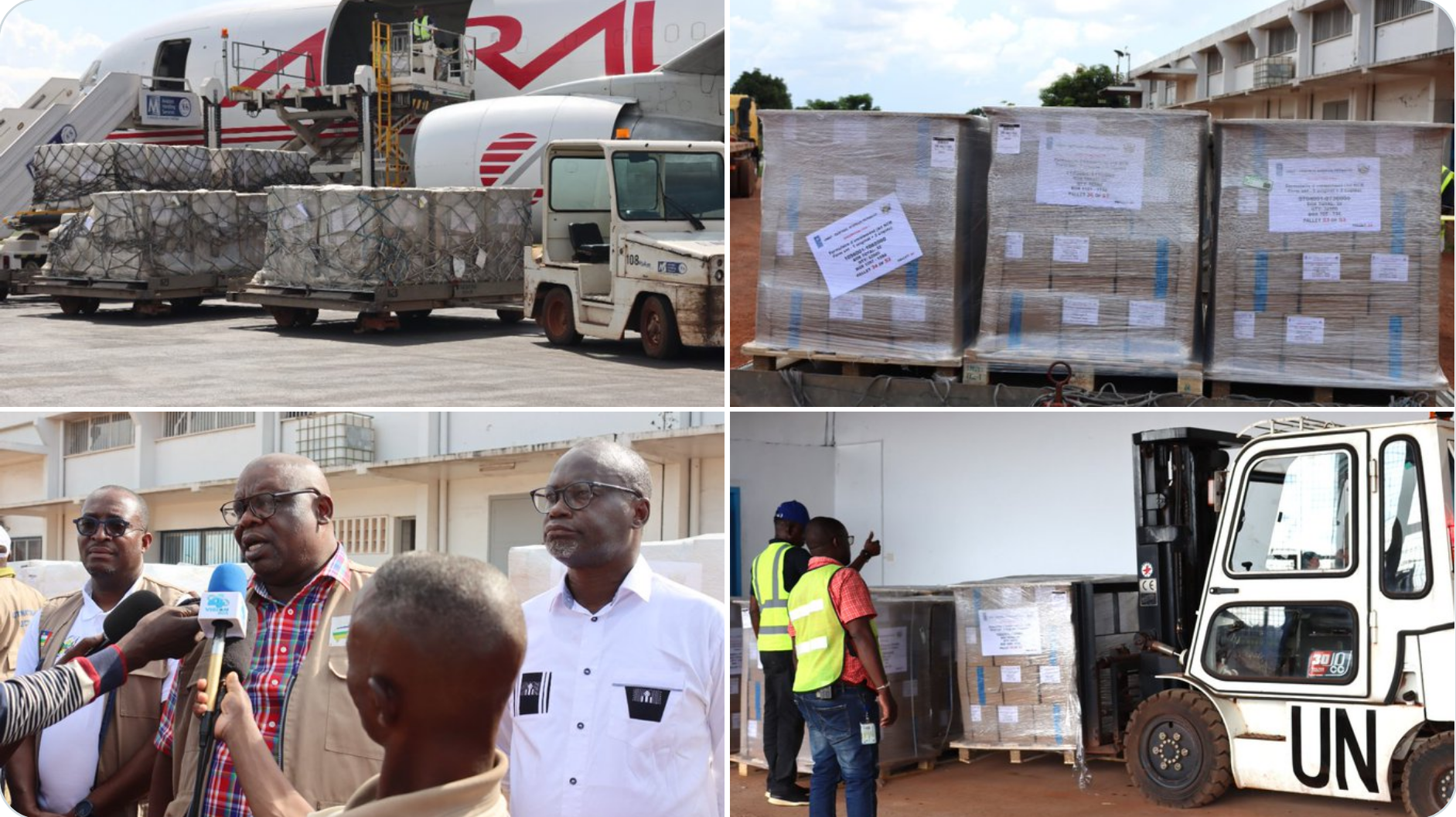 Collage of UN aid convoy scenes: pallets on a truck, a UN-branded vehicle, and officials with onlookers.
