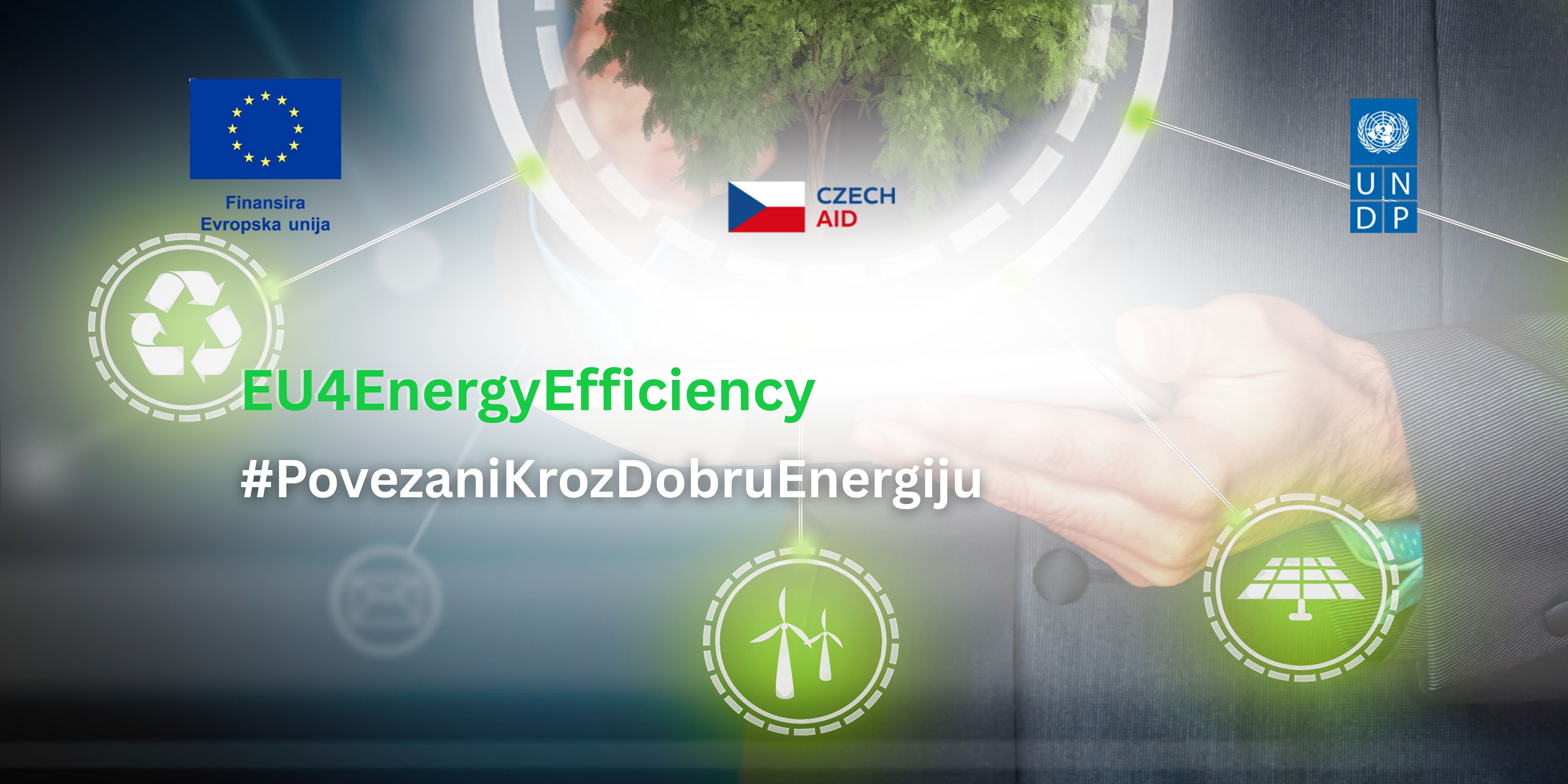 Graphic showing hands cradling a glowing globe with green eco icons and EU4EnergyEfficiency banner.