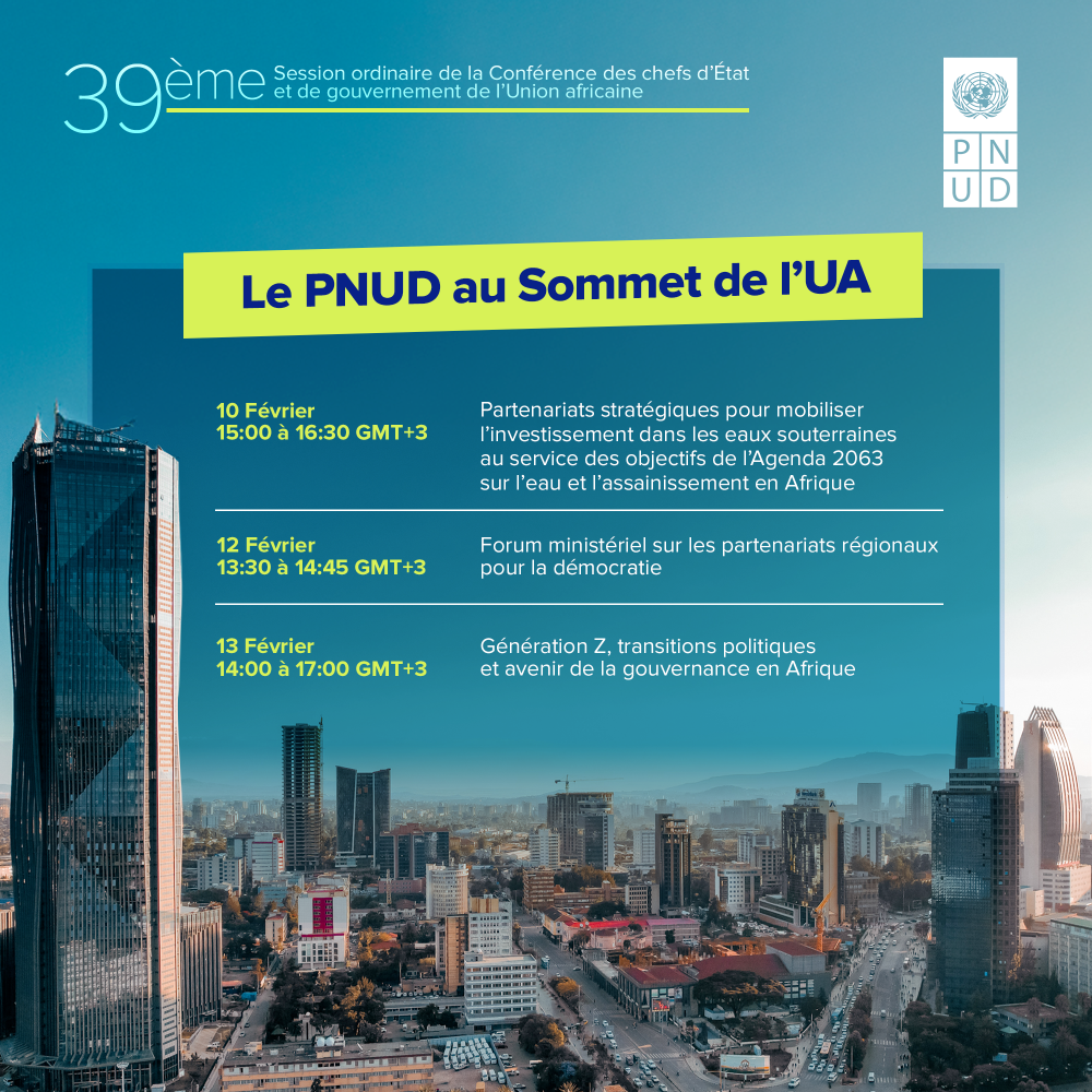 UNDP at the AU Summit banner over a city skyline with a blue information panel.