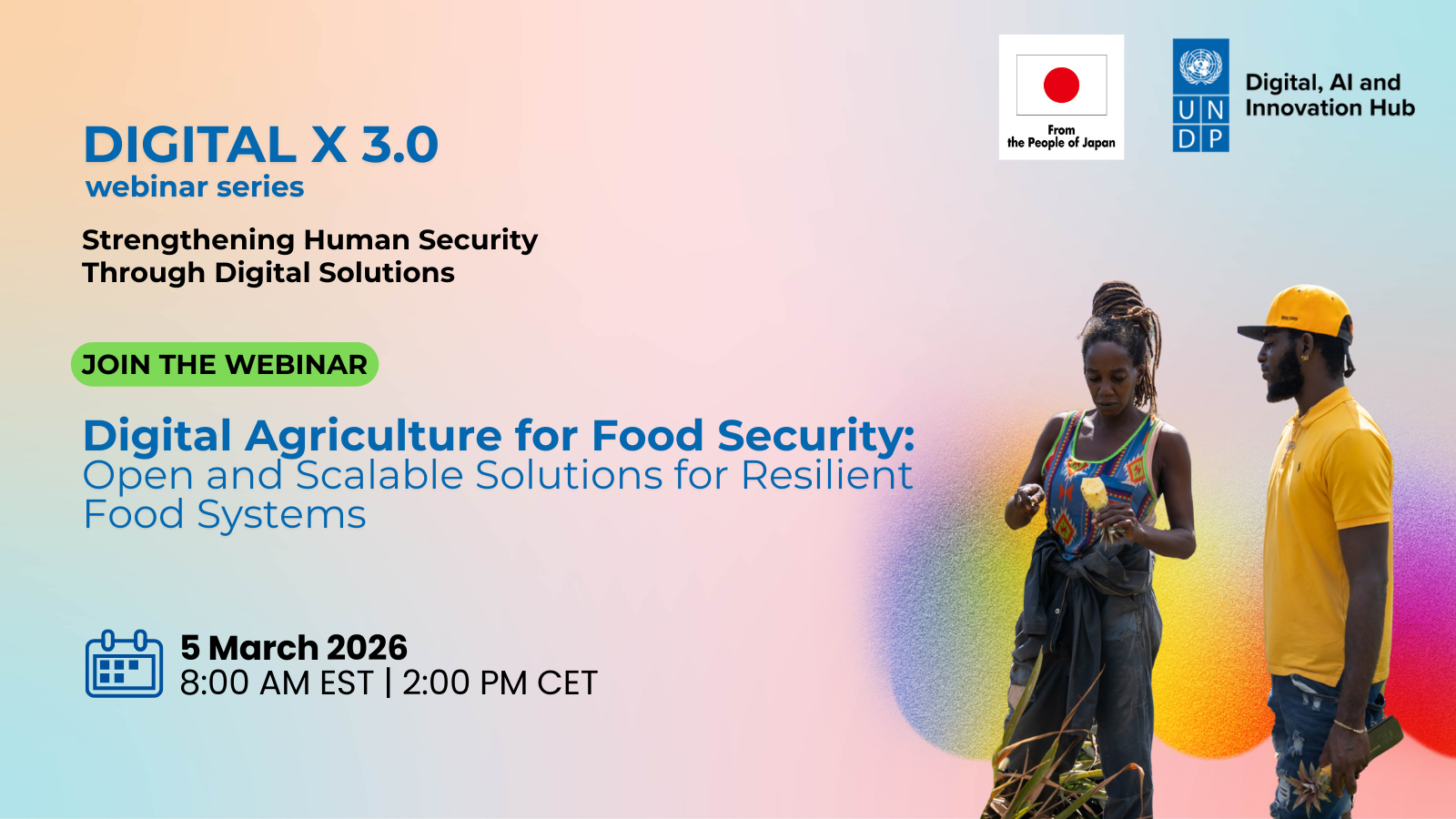 Digital X 3.0 banner: digital agriculture for food security, gradient background with people.