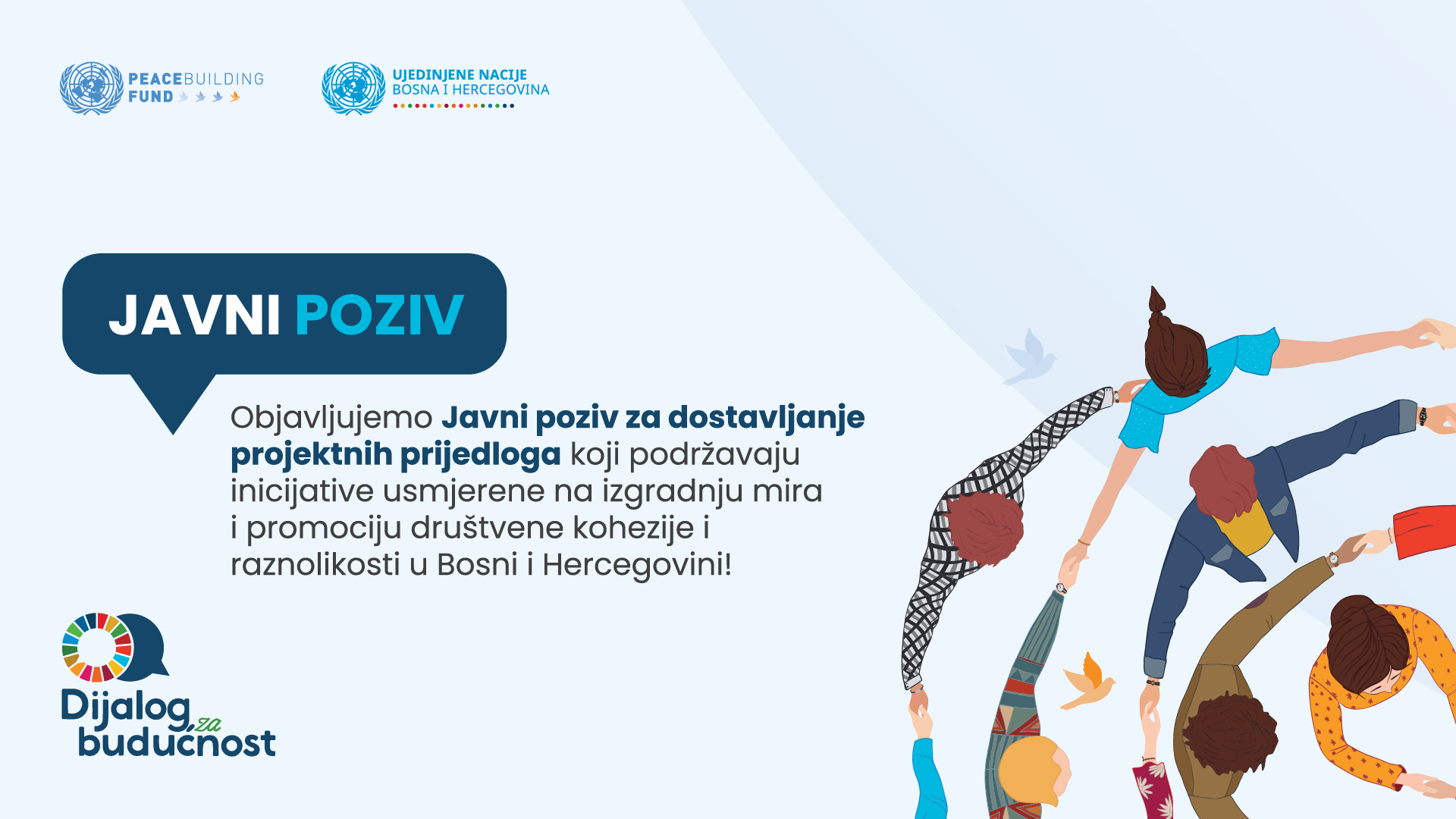 Diverse people holding hands in a circle on a blue banner with "JAVNI POZIV".
