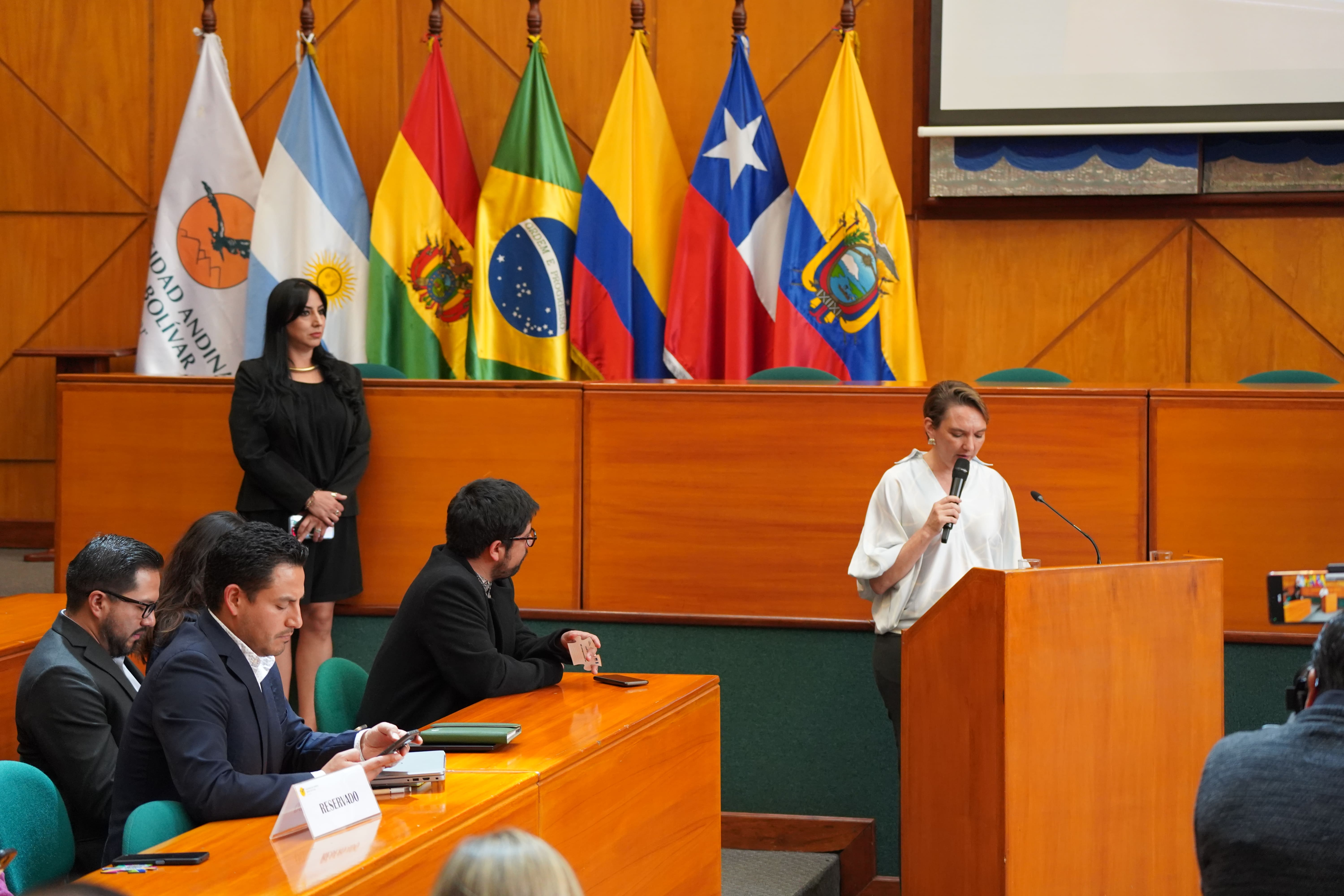 Speaker at podium in a council chamber; officials seated; flags line the back wall.