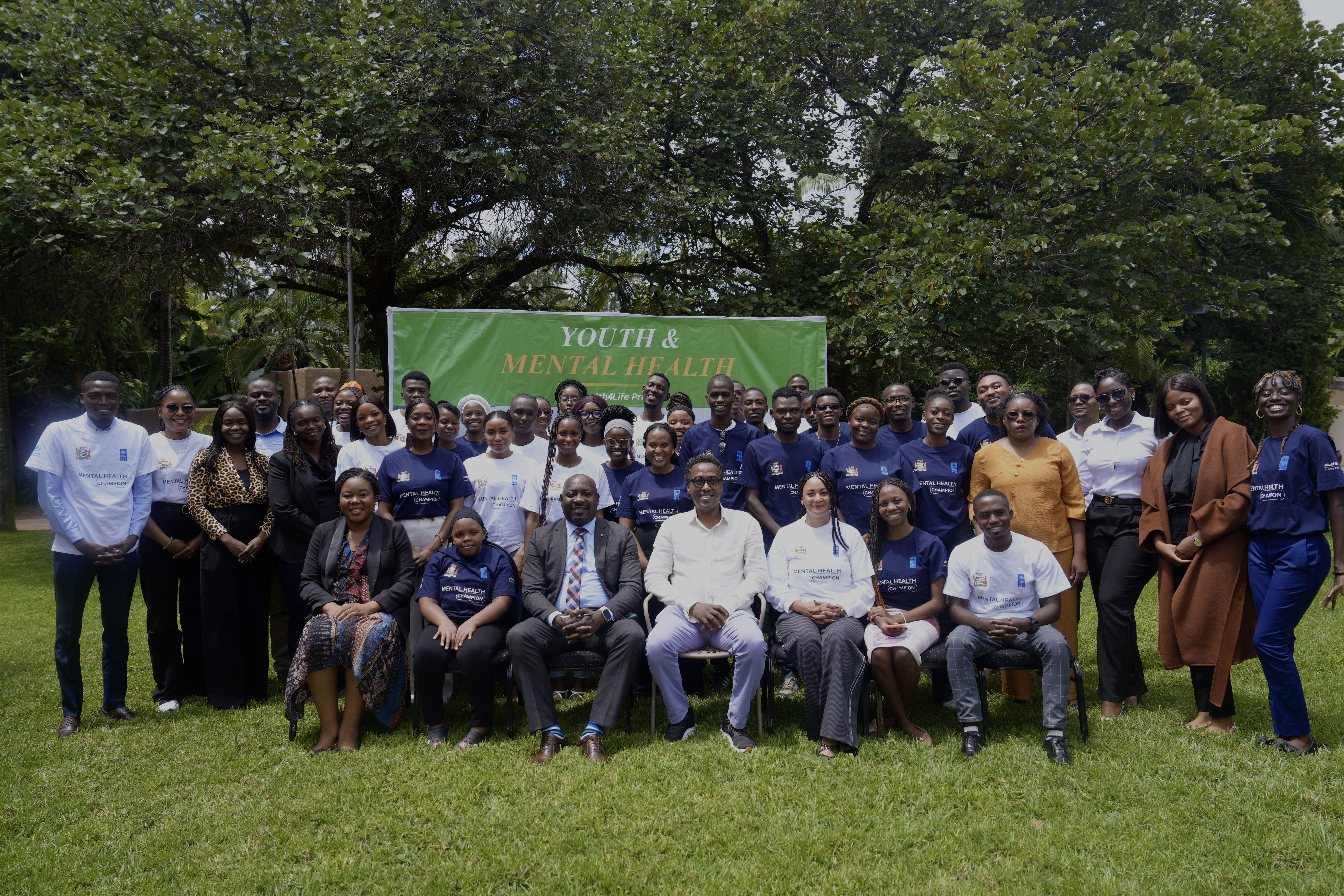 UNDP, Ministry of Health and Ministry of Youth Sports and Art representatives flanked by the Lusaka Mental Health Champions during the launch.