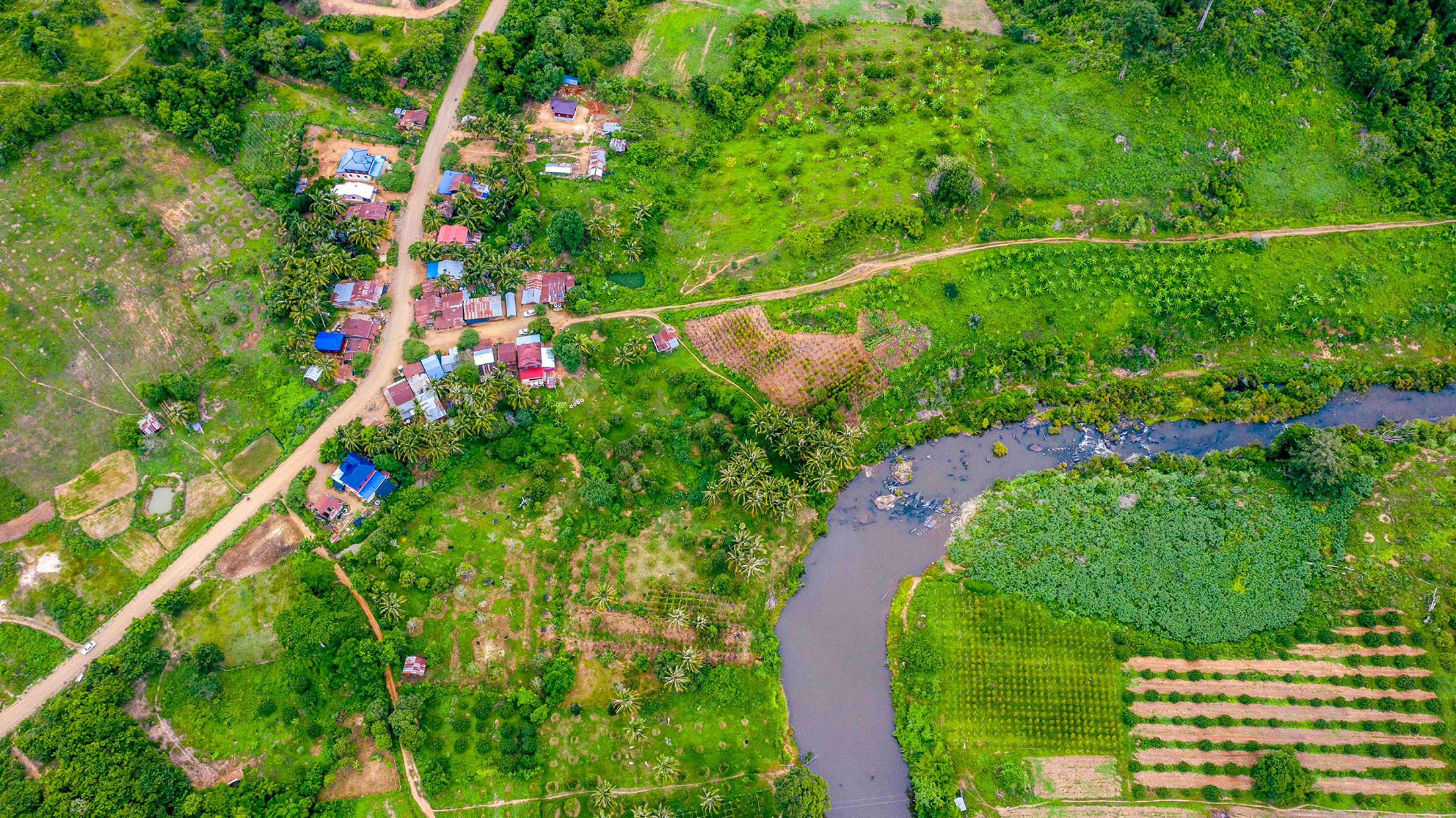 Rural landscape of Cambodia with a winding river and green fields, a small village along a road.