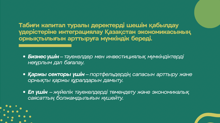 Green information poster with Kazakh text and bullet points, decorative circles.