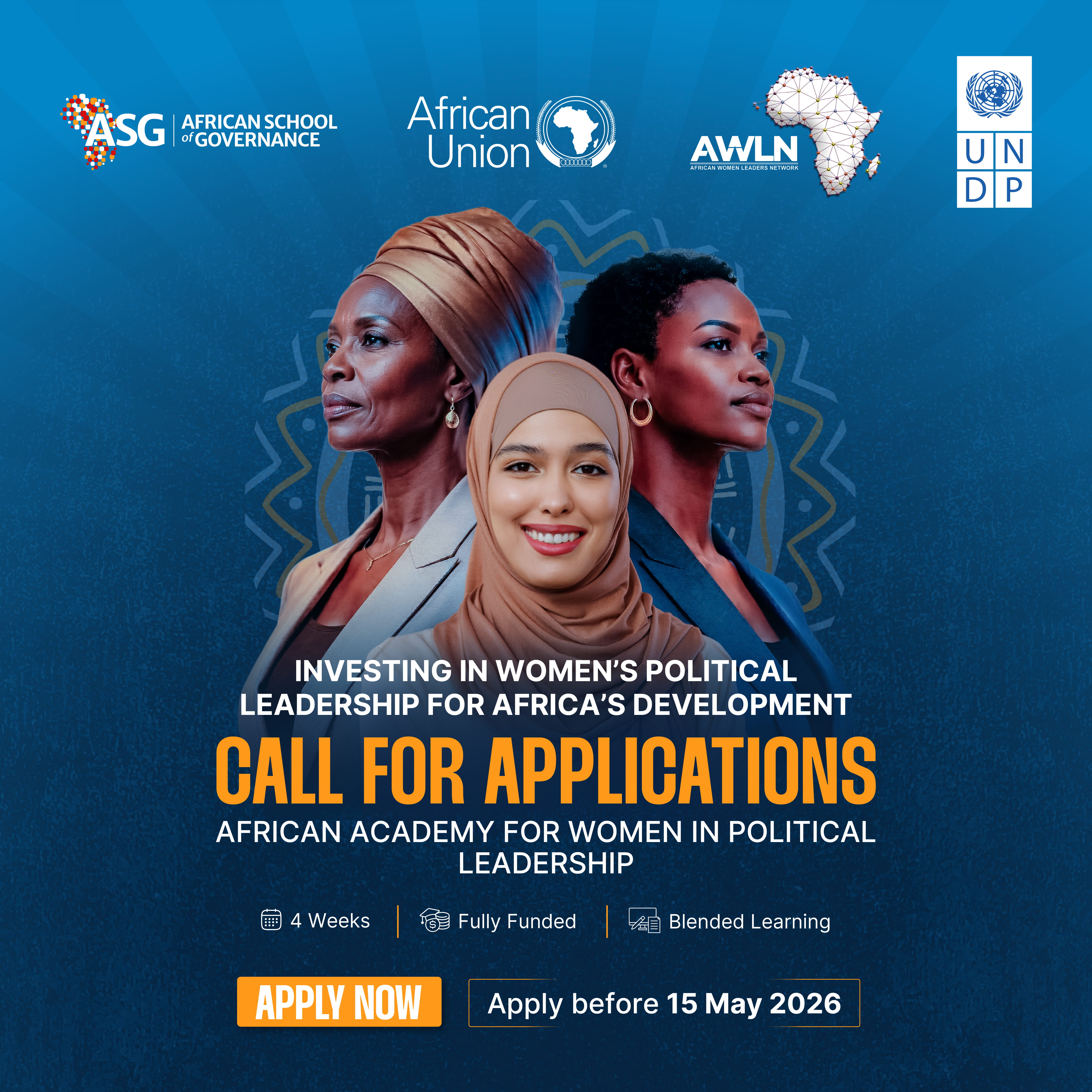 Blue poster for African Academy for Women in Politics; three blurred female portraits; Apply Now.