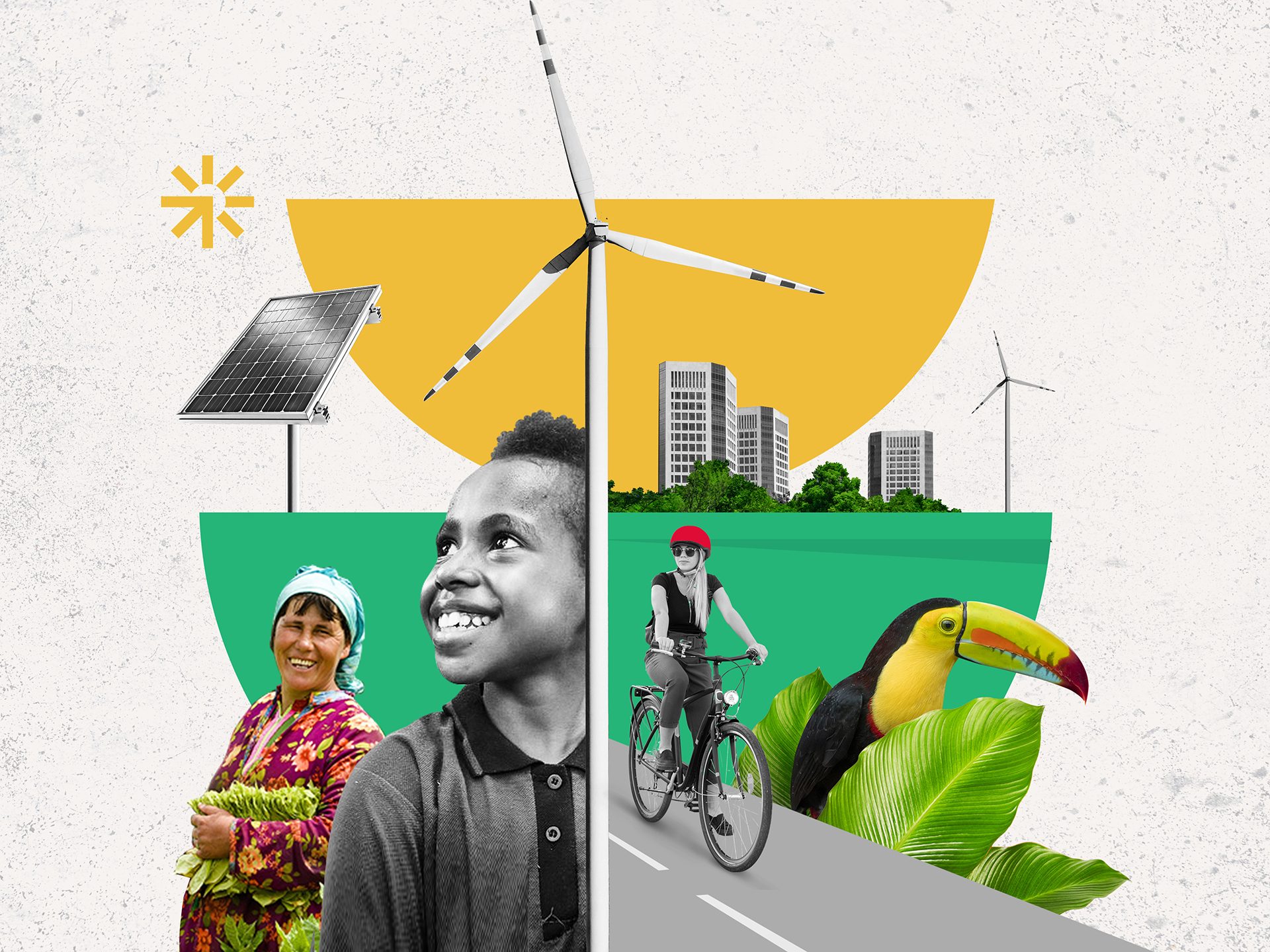 Montage visuel montrant un cycliste, un toucan, une silhouette urbaine, une personne en tenue traditionnelle colorée et un buste.