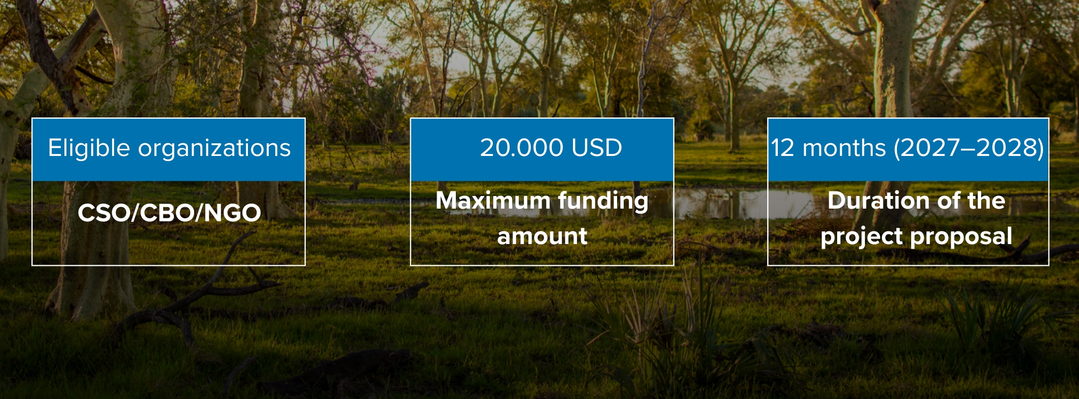 Forest background with three blue callout labels about eligibility, funding, and project duration.