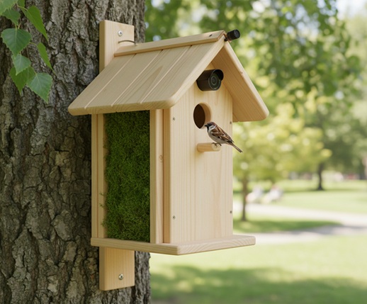 Wooden birdhouse mounted on a tree, with two small birds at the entrance.