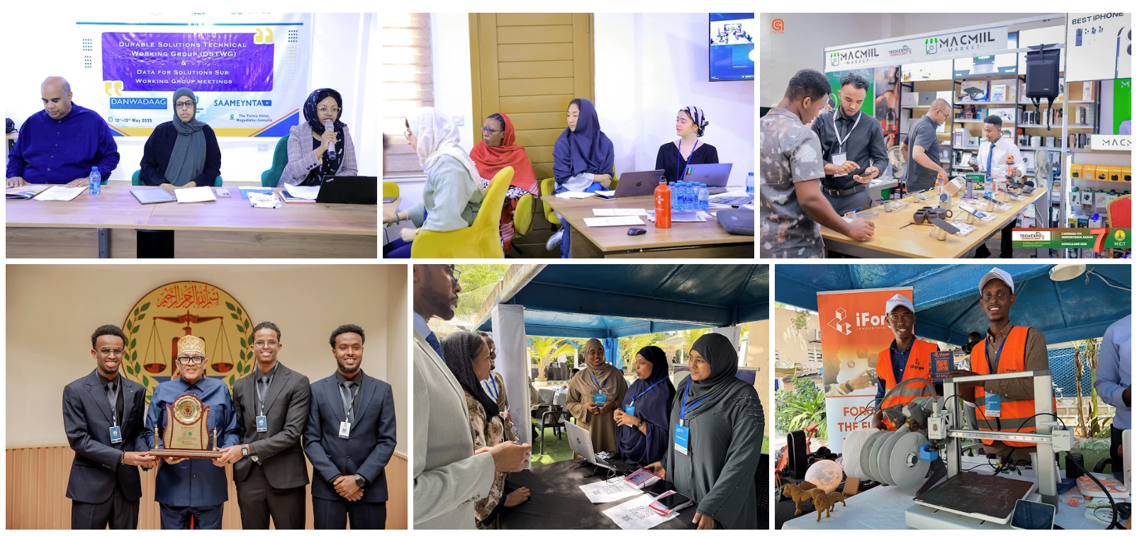 Collage of nine photos showing people learning and collaborating in classrooms and meetings.