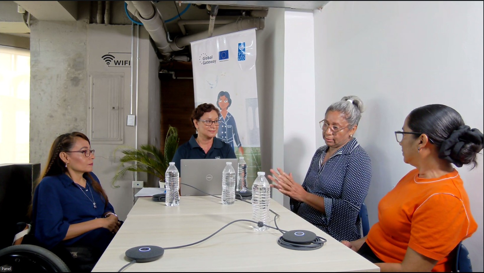 Panel of five people seated around a conference table with microphones in a meeting room.