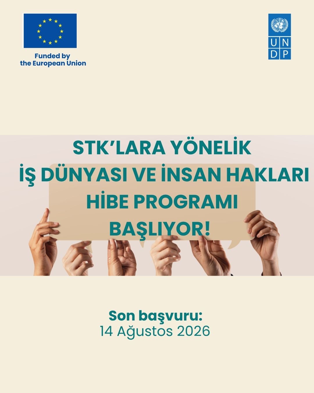 EU and UNDP logos above hands holding a banner for an NGO grant program; Aug 14, 2026.