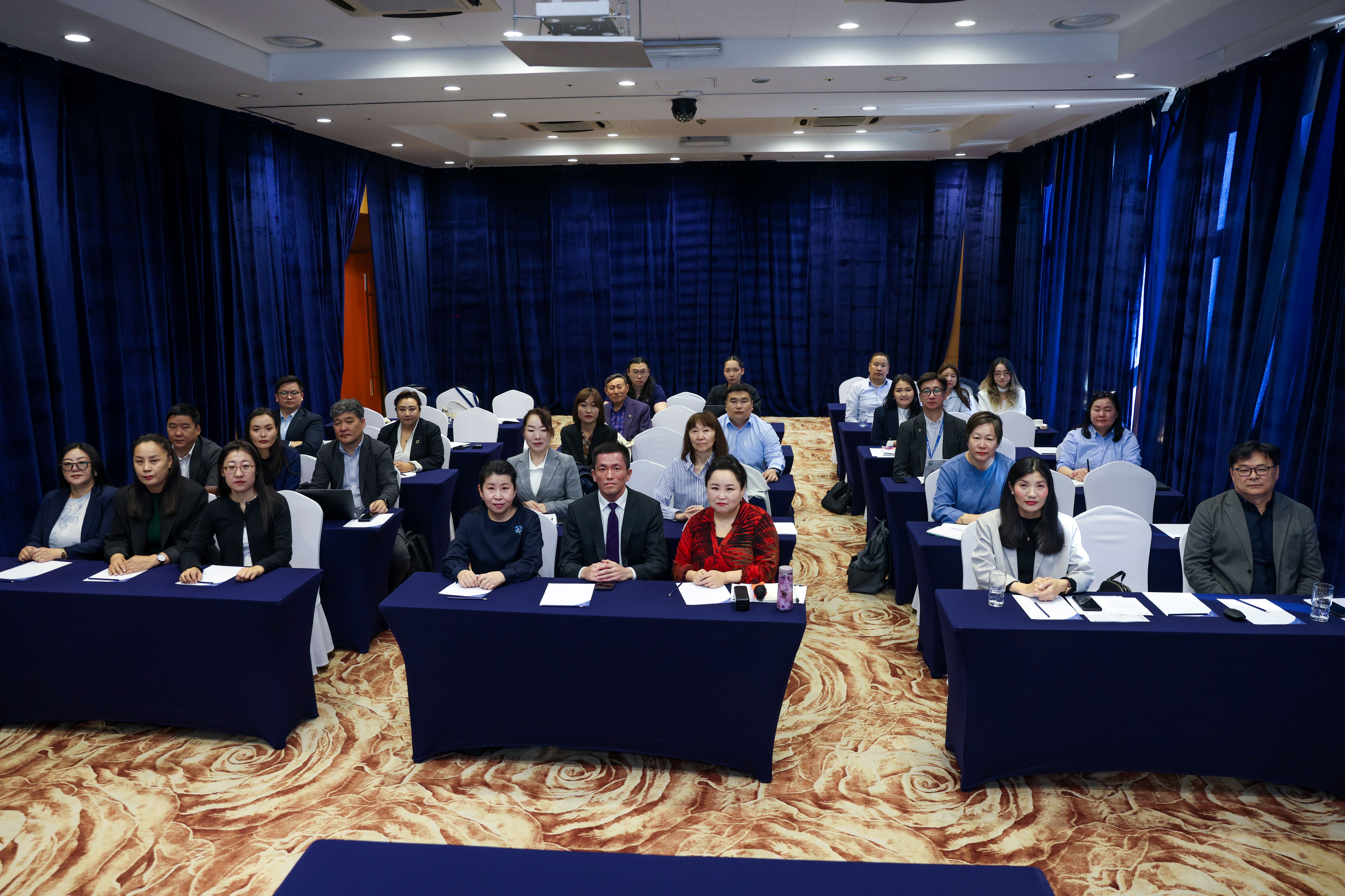 Professionals seated at blue-draped tables in a conference room.