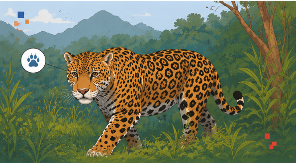 Leopard walking through dense jungle with distant mountains in the background.