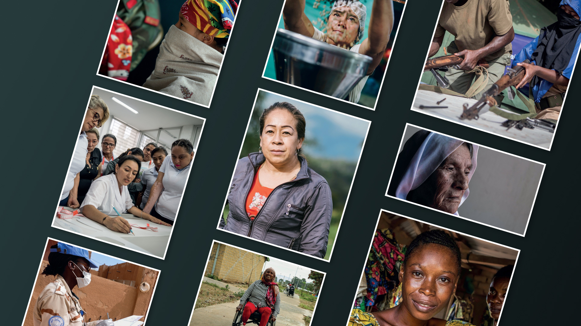 Tilted photo collage of multiple people in various settings on a dark green background.