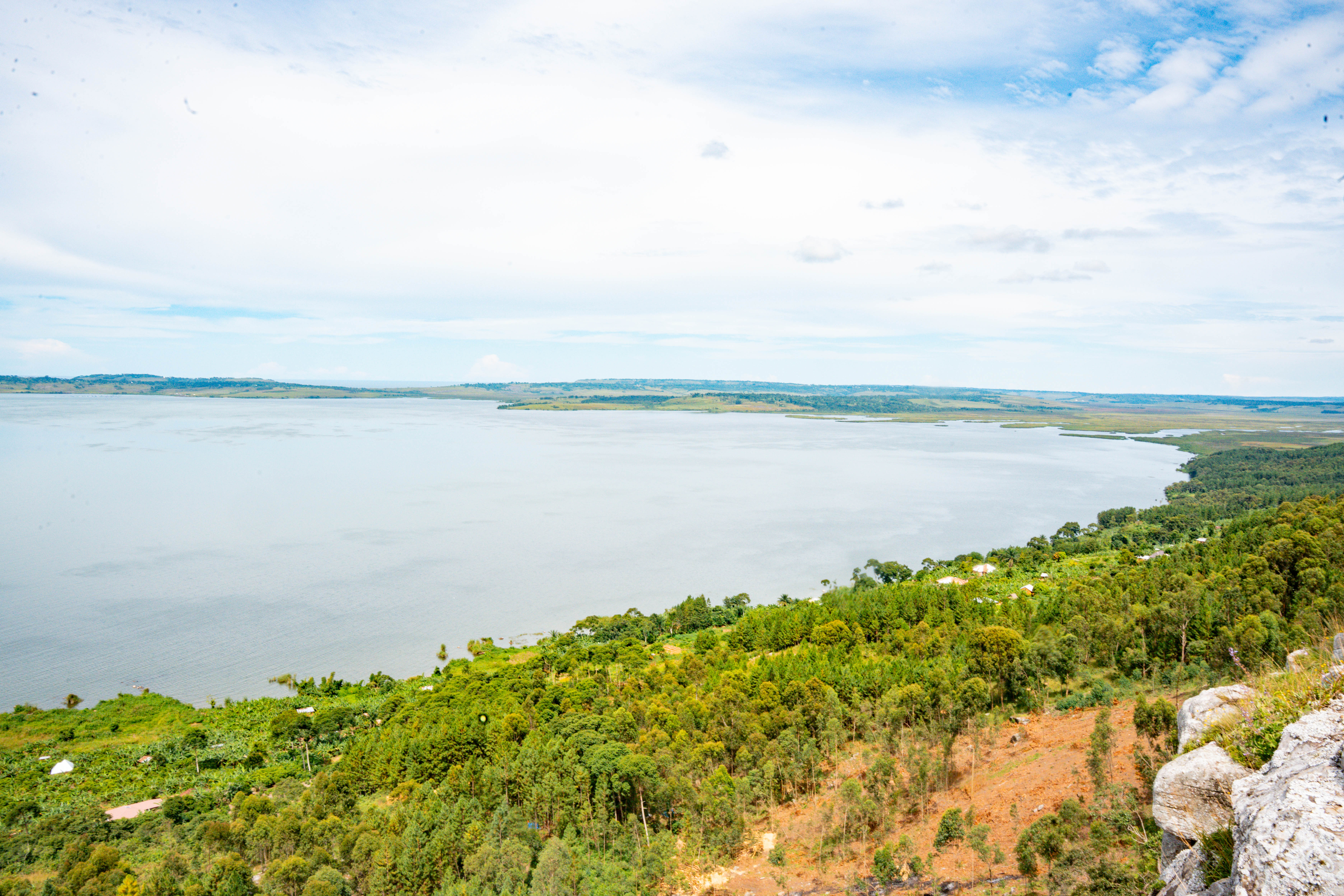 Coastal landscape with rocky, shrub-covered foreground, calm bay, and islets under a blue sky.