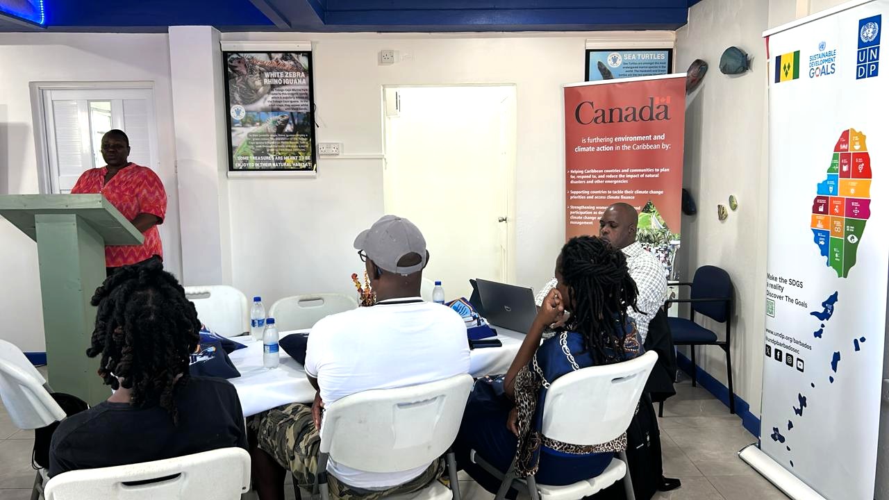 Presenter in red at a podium addresses an audience in a small room with Canada banner and map.
