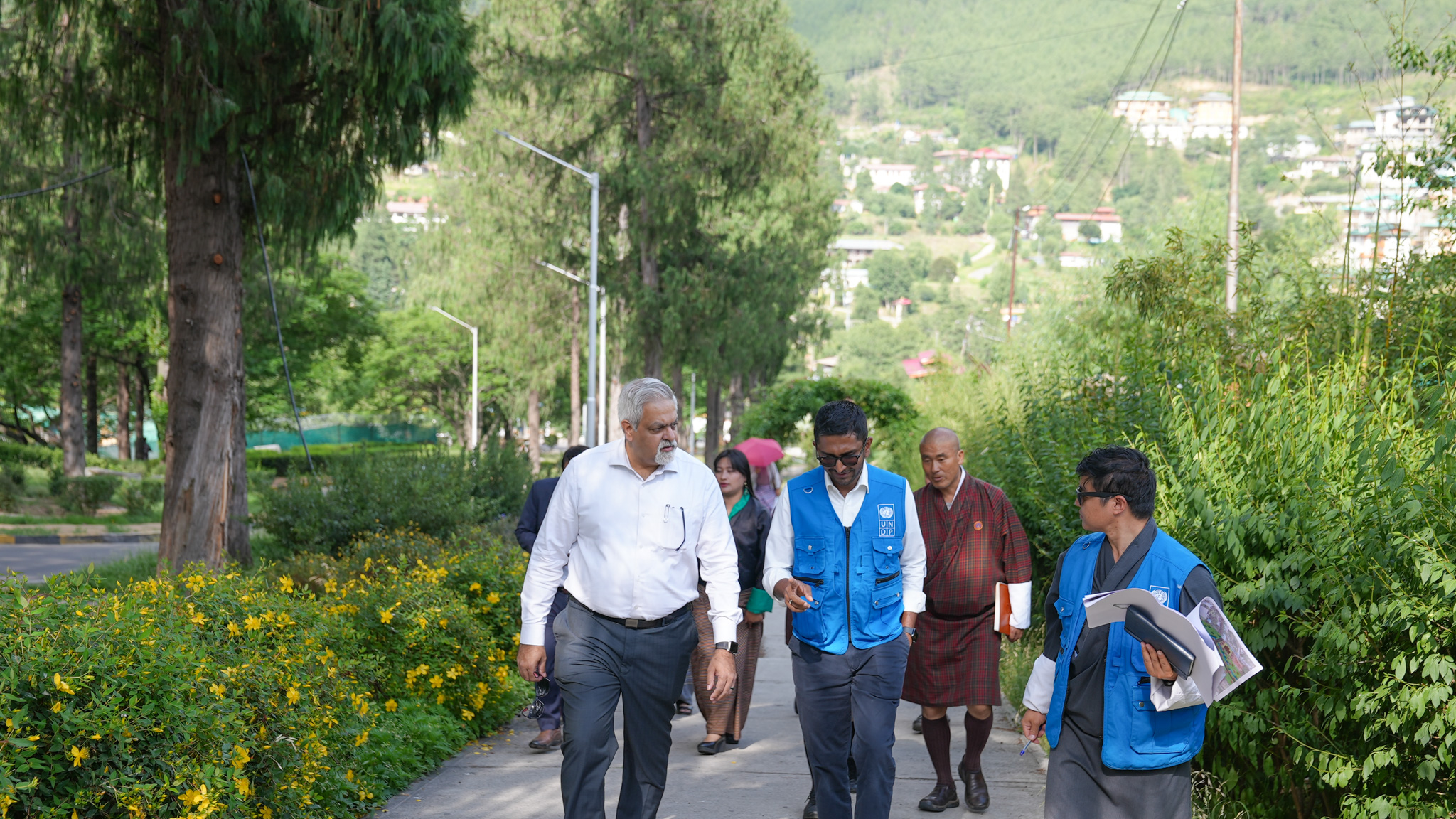 Group of five people walking on a park path with trees and hills in the background.