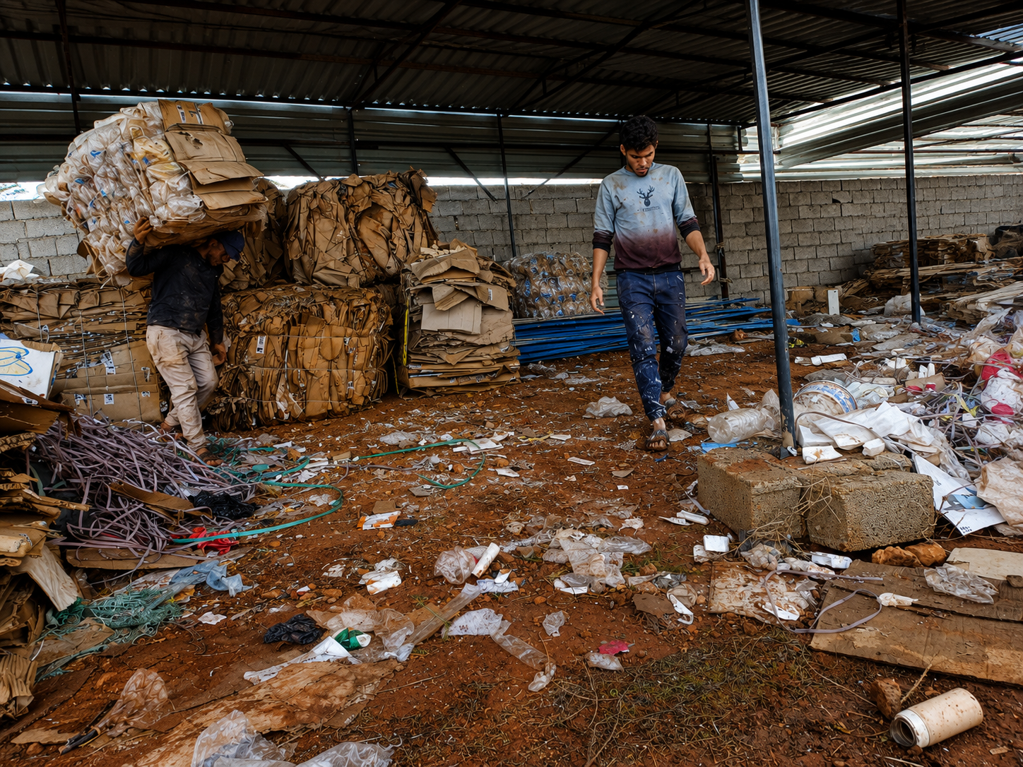 A man walks through a cluttered, metal-roofed lumberyard with stacked logs and scattered debris.