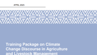 Cover page of a training package on climate change and agriculture; blue with patterned border.