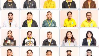 Grid of individual headshots, each person wearing different colors and smiles.