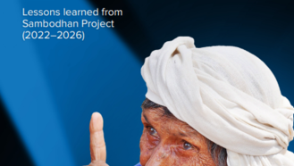 Poster on vulnerability during crises; person in blue with raised finger, blurred face.