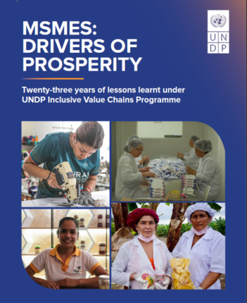 UNDP report cover: MSMEs: Drivers of Prosperity; blue background with a collage of workers.