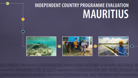 Report cover featuring images of Mauritius' coastline, fishing, and community activities.