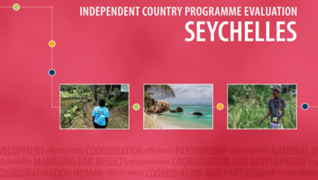 Cover page of a report titled "Independent Country Programme Evaluation Seychelles," featuring three photographs.