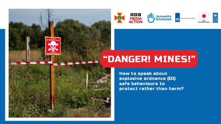 Warning sign for landmines in a grassy area, marked with red and white tape.