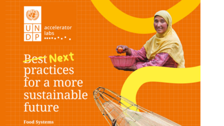 Smiling woman in a yellow hijab holding an orange, set against an orange background with text.