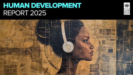 A profile of a woman wearing headphones, set against a textured, abstract background.