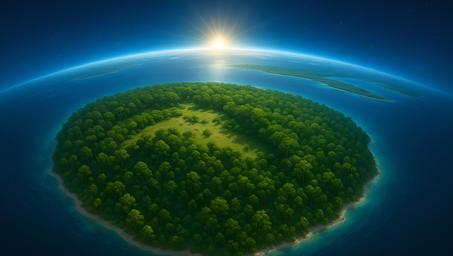 Lush green island surrounded by ocean, illuminated by a rising sun in a starry sky.