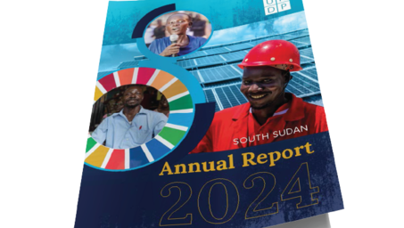 Brochure featuring the 2024 annual report for South Sudan with images of people and colorful icons.