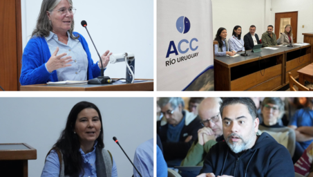 Collage of four images: a woman speaking, a panel discussion, and two audience members listening.
