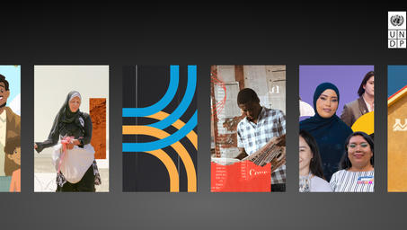 Vertical portrait photos of diverse people against a dark gradient, with a small QR code top-right.