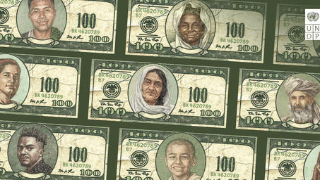 Close-up of many 100-dollar bills arranged in a grid with portraits.