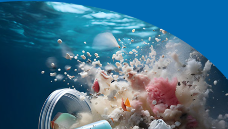 Underwater coral reef scene with bubbles and a circular magnifying glass overlay.
