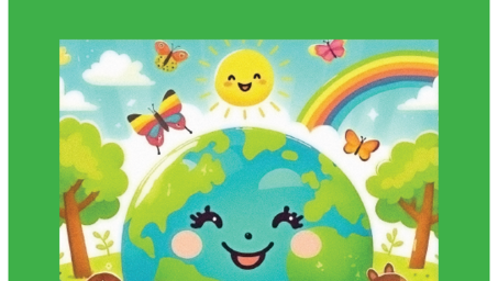 Poster showing a smiling Earth surrounded by children in a bright landscape about plastics.