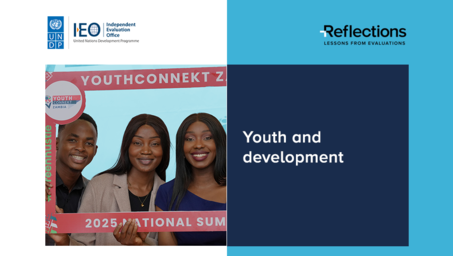 Three smiling young people on a red banner beside a blue panel that reads Youth and development.