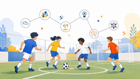 Cartoon illustration of five children playing soccer on a sunny field.