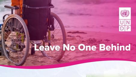 Wheelchair user on a pink banner with UNDP logo and 'Leave No One Behind'.
