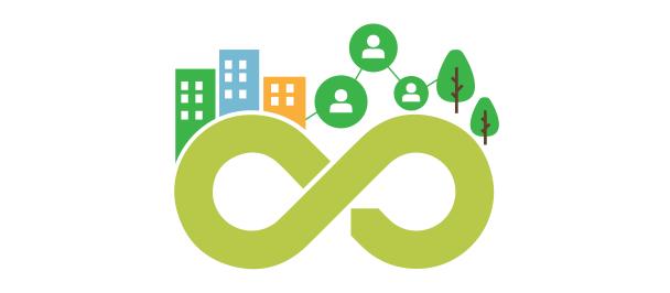 logo showing connected people, infrastructure and nature above a circularity symbol